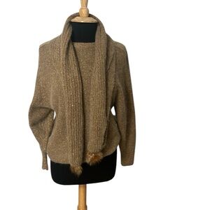 Vintage Tony Lambert brown wool and angora sweaterer w/ attached scarf fox fur M